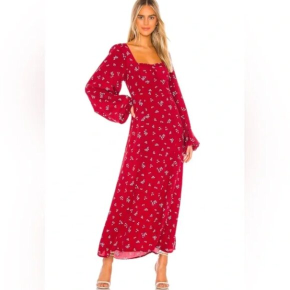 Free People Women's Iris Floral Long Sleeve Midi Dress Size XS Red - Picture 14 of 15